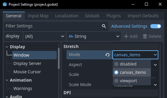 Setting stretch mode to canvas items.