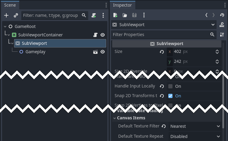 SubViewport inspector settings.