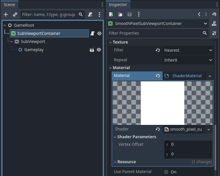 SubViewportContainer inspector settings.