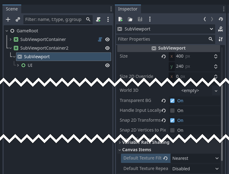 UI SubViewport inspector settings.