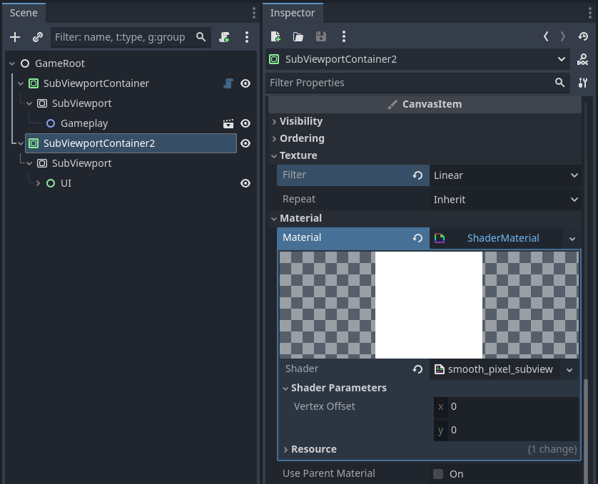 UI SubViewportContainer inspector settings.